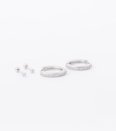 Earring Set 8: Silver Diamond Huggie + 2.5 Mm Silver Diamond Screwback Earring Set